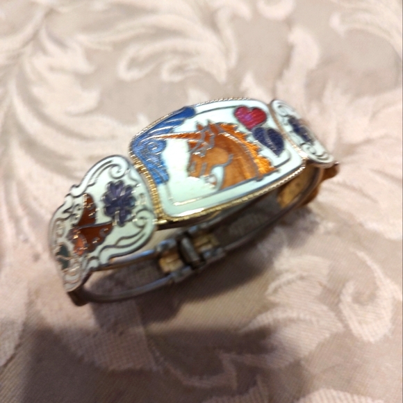 💙🦄💙Glorious 80's RARE Vintage Enameled Unicorn & Floral Hinge Bangle Bracelet - Picture 10 of 14